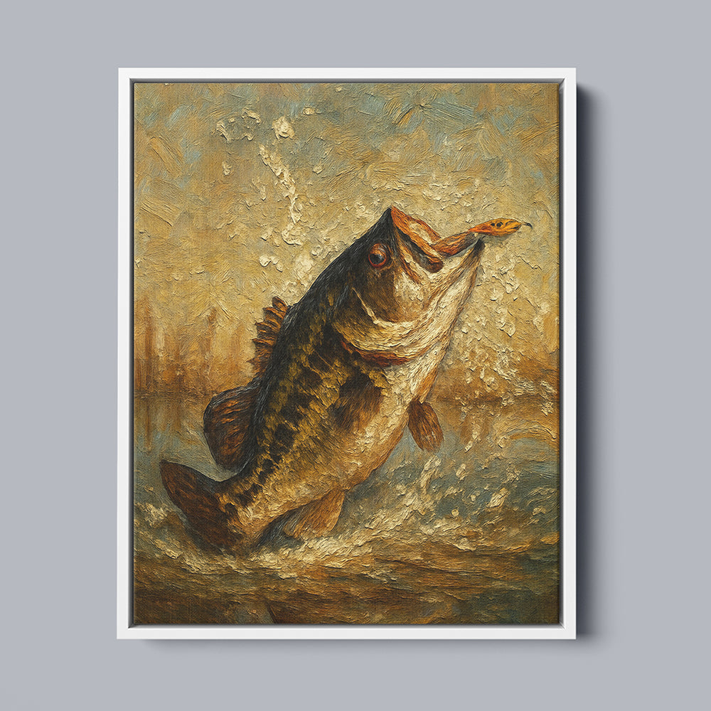 Alternative view of Bass Fishing Art Oil Painting Printed Fish Art Framed Matte Canvas