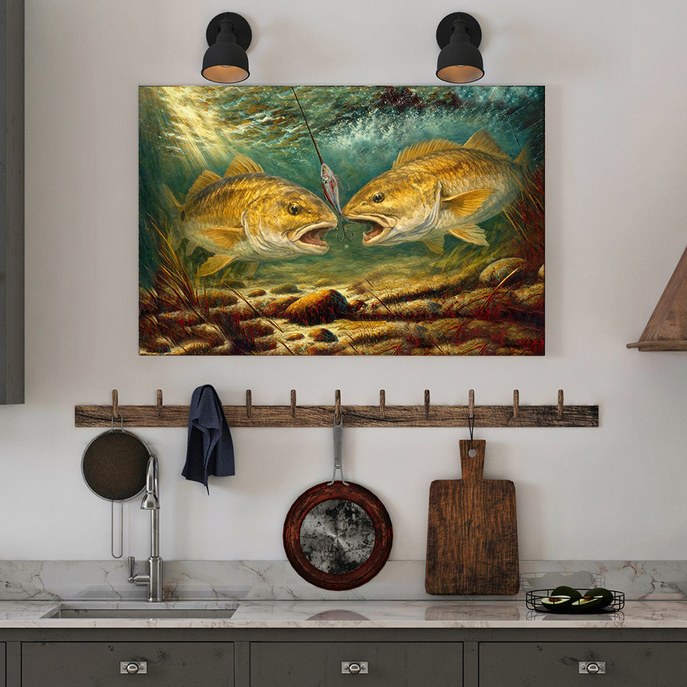 Battle Underwater: Redfish Red Drum Fish Art Canvas Painting Matte Canvas - Image 3