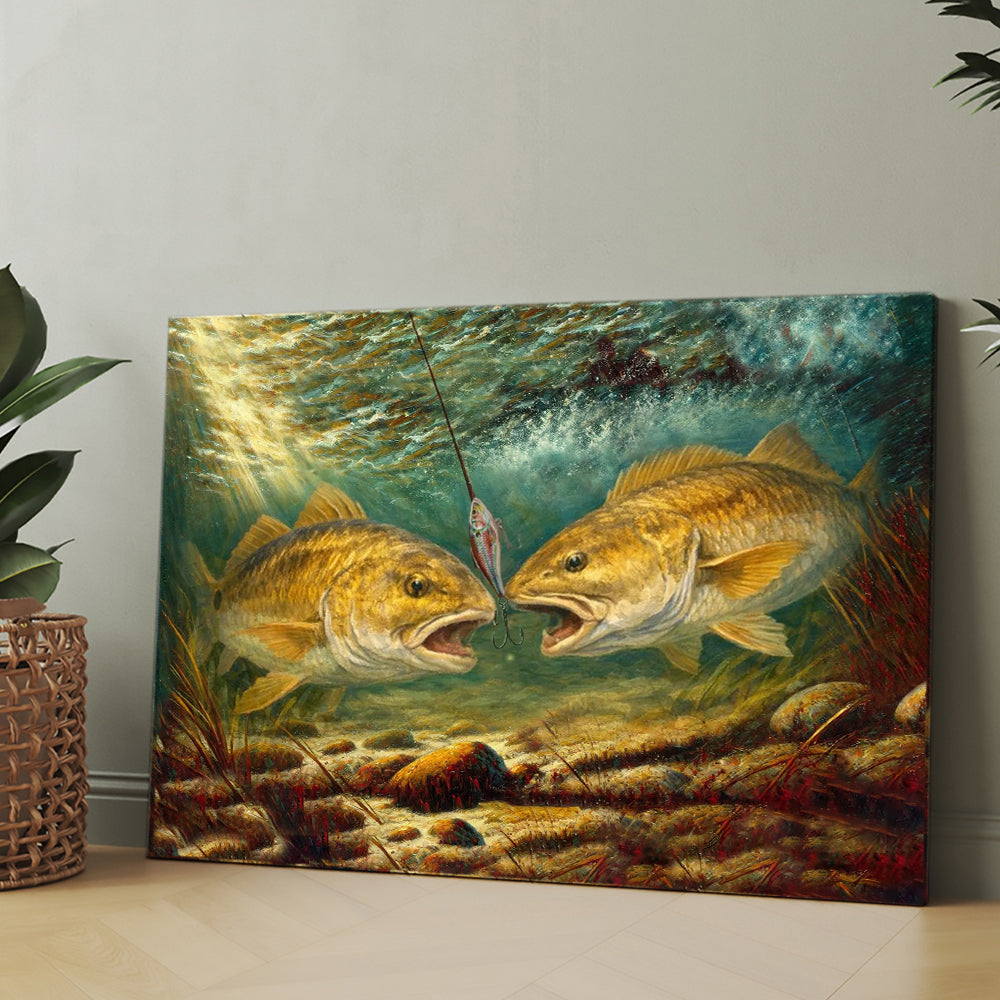 Battle Underwater: Redfish Red Drum Fish Art Canvas Painting Matte Canvas