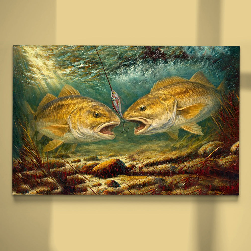 Alternative view of Battle Underwater: Redfish Red Drum Fish Art Canvas Painting Matte Canvas
