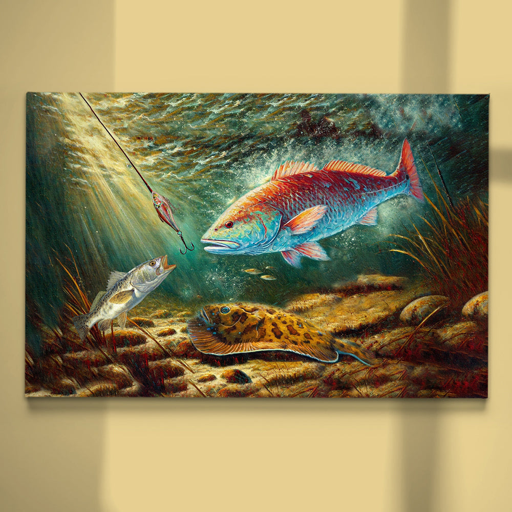 Alternative view of Battle Underwater: Texas Slam Fish Art Canvas Painting Matte Canvas