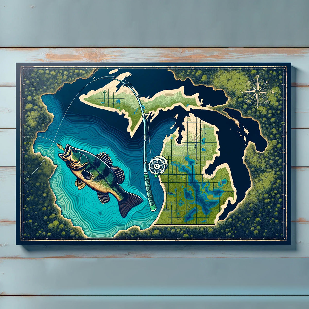 Michigan map fish art bass fishing art canvas for bass fisherman
