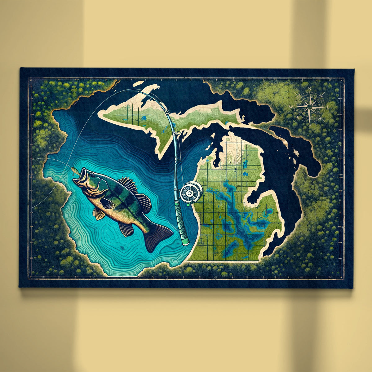 Alternative view of Michigan map fish art bass fishing art canvas for bass fisherman