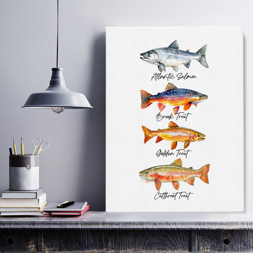Alternative view of Trout Fishing Watercolor Art Fly Fishing Trout Painting Fish Art Colorful Canvas