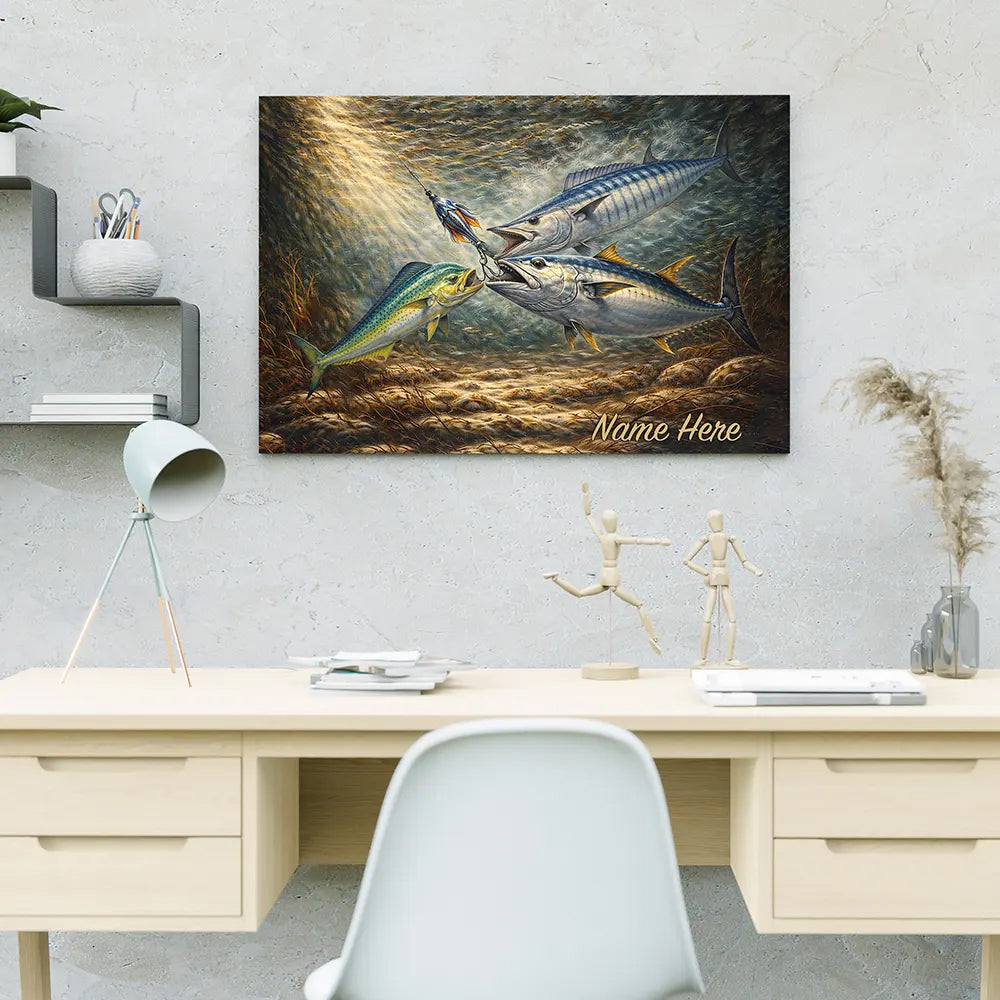 Underwater Battle for the Lure Fish Art – Mahi Mahi, Wahoo & Bluefin Tuna Painting Matte Canvas - Image 5