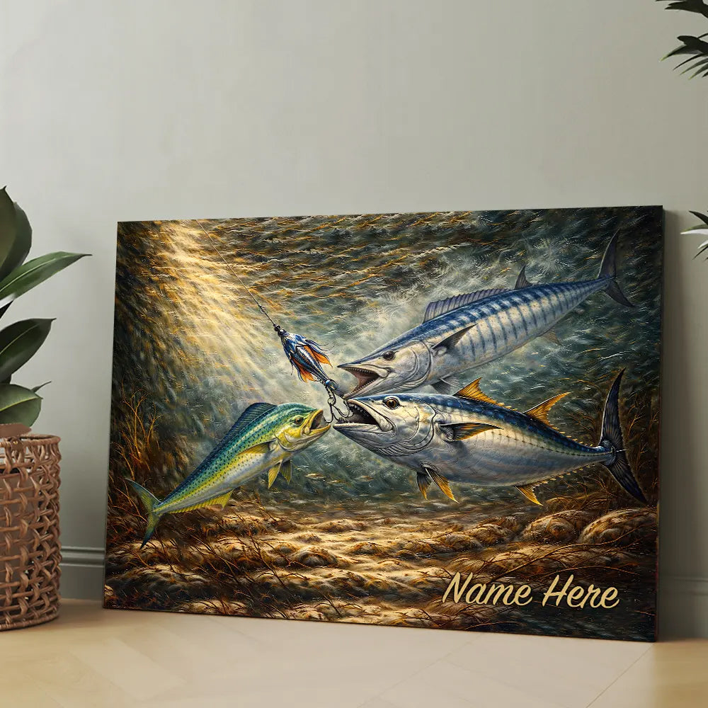 Underwater Battle for the Lure Fish Art – Mahi Mahi, Wahoo & Bluefin Tuna Painting Matte Canvas