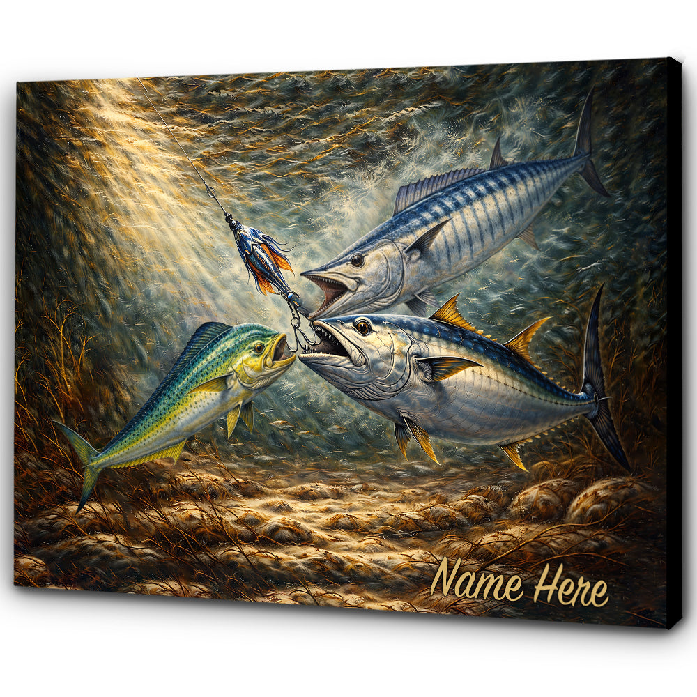 Underwater Battle for the Lure Fish Art – Mahi Mahi, Wahoo & Bluefin Tuna Painting Matte Canvas - Image 3
